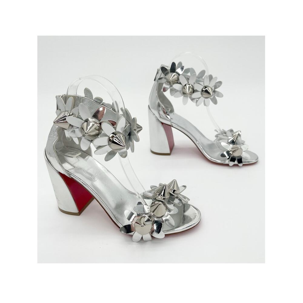 Christian Louboutin Daisy Spike Metallic Silver Ankle Cuff Sandals EU 36.5
